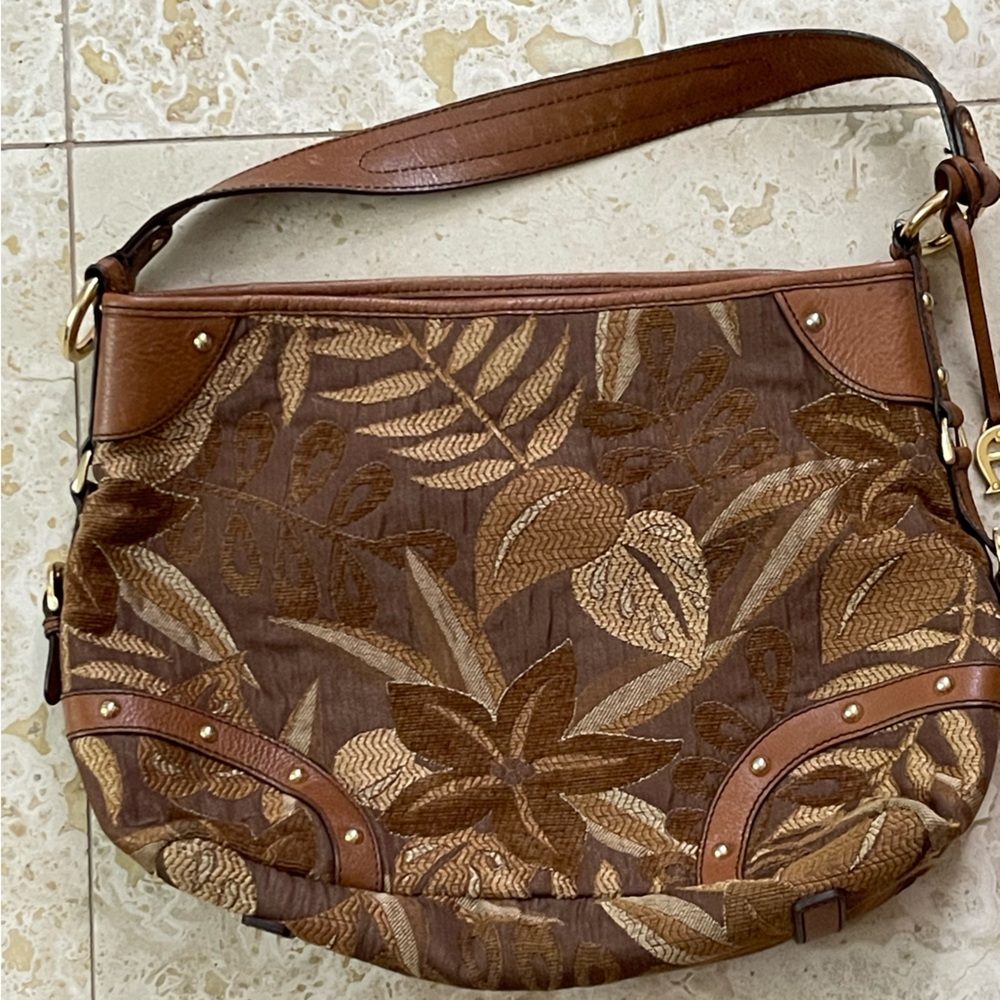 Vintage Etienne Aigner Tan and Golden Bronze Leafy Hobo Shoulder Purse